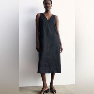 NWT Everlane The Linen V-Neck Midi Black Dress, Size 14